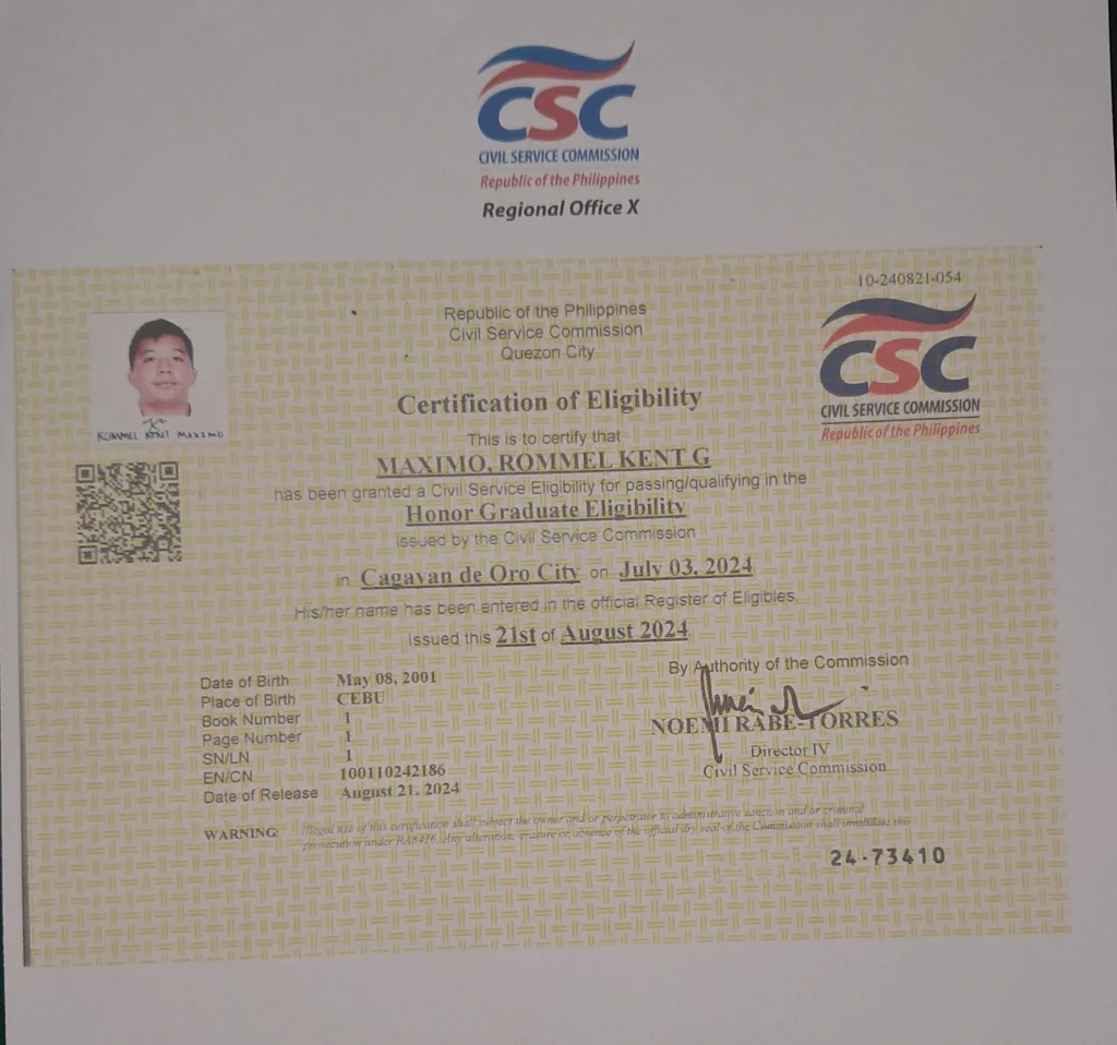 Rommel Kent Maximo is a Civil Service Eligible