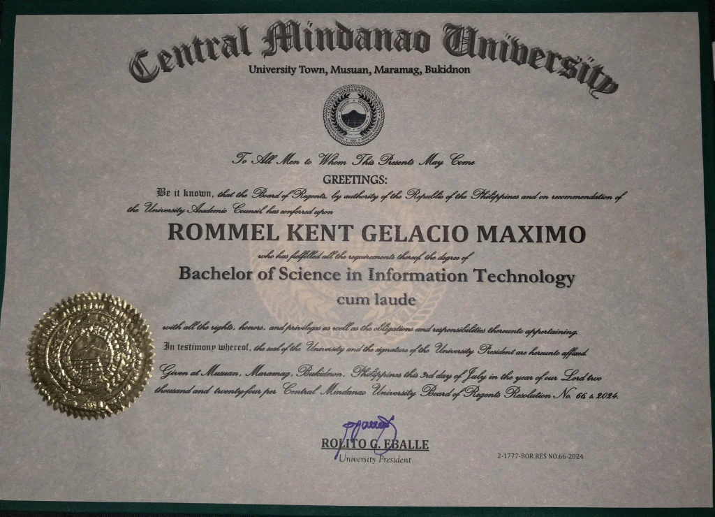 Rommel Kent Maximo is a BSIT Degree Holder