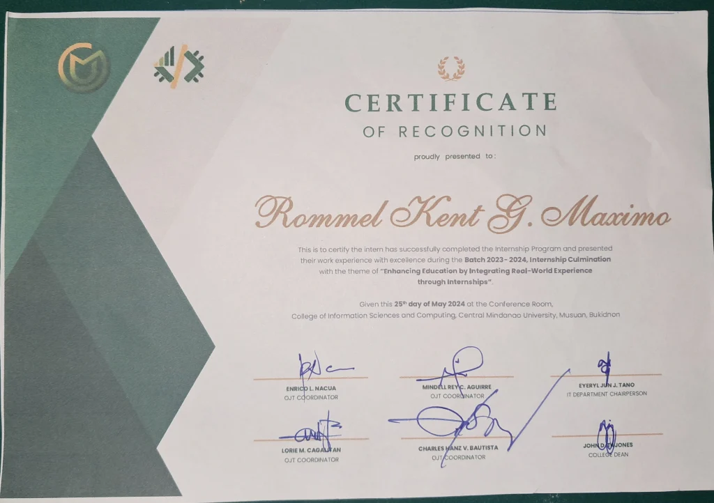 Rommel Kent Maximo Completed the Internship at central Mindanao University