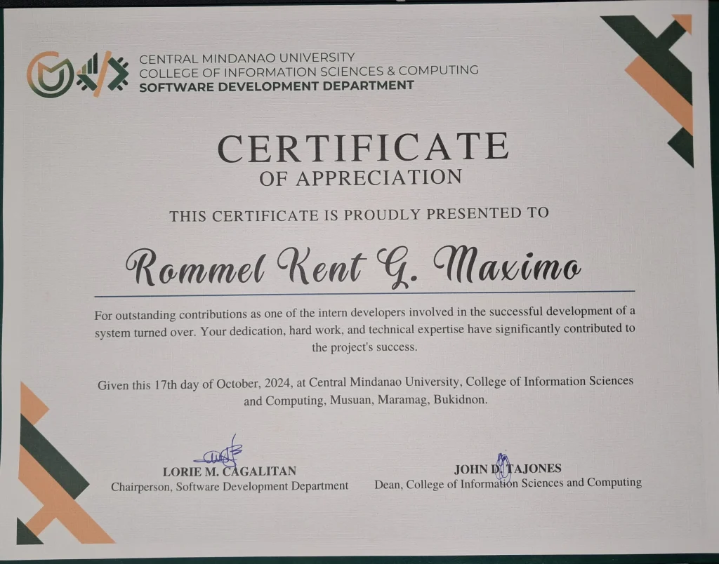 Outstanding contribution as one of the intern developers by Rommel Kent Maximo
